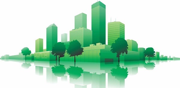 Cidade ilustrada com cores verdes