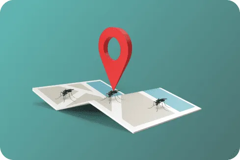 Um mapa com um marcador de localização vermelho e 3 mosquitos Aedes aegypti, simbolizando o mapeamento de ocorrências de dengue feito pelo sistema Combate Aedes.