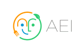 Logotipo do AEI, Alimentação Escolar Inteligente, com um ícone circular estilizado de um rosto sorridente, formado por uma folha e um garfo em laranja e verde, ao lado das letras "AEI".