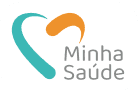 Logotipo "Minha Saúde" com um coração estilizado em tons de azul e laranja ao lado do texto.