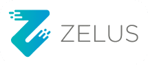 Logotipo "ZELUS" com um ícone azul estilizado que representa um "Z" com linhas horizontais representando velocidade ou movimento acima das letras ao lado do texto em cinza.
