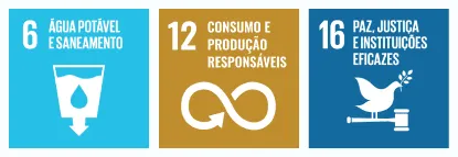 Ícones dos Objetivos de Desenvolvimento Sustentável da ONU: número 6 "Água Potável e Saneamento", número 12 "Consumo e Produção Responsáveis" e número 16 "Paz, Justiça e Instituições Eficazes".