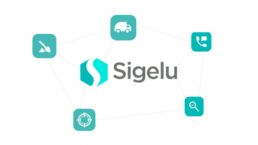 Logo do Sigelu, software para a gestão da limpeza urbana, no centro de ícones relacionados a limpeza urbana: caminhão de lixo, atendimento, dengue, obras.