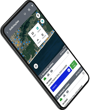 Smartphone exibindo o aplicativo "SIGELU" com uma lista de solicitações sobre um fundo de mapa, com botões de interação para detalhes e status de cada solicitação.
