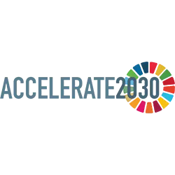 Logotipo "ACCELERATE2030" em letras maiúsculas com um círculo ao lado composto por segmentos coloridos em tons variados, simbolizando diversidade e dinamismo.