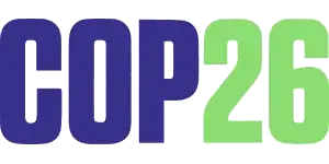 Logotipo da COP26, que é a 26ª Conferência das Nações Unidas sobre Mudança Climática. As letras "COP" estão em azul escuro e o número "26" em verde.
