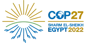 Logotipo da COP27 com um sol estilizado e o globo terrestre, acompanhado pelo texto "SHARM EL-SHEIKH EGYPT 2022".