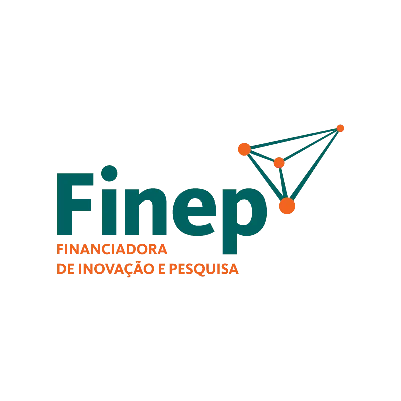 Logotipo da FINEP - Financiadora de Inovação e Pesquisa - com o nome "Finep" em verde-escuro e ao lado um gráfico estilizado com pontos laranja interconectados formando uma estrutura triangular que lembra um gráfico de rede ou um diagrama molecular.
