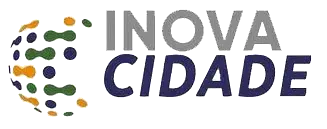Logotipo "INOVA CIDADE" com um globo estilizado com manchas coloridas à esquerda do texto, que é escrito em maiúsculas em cor azul escuro.
